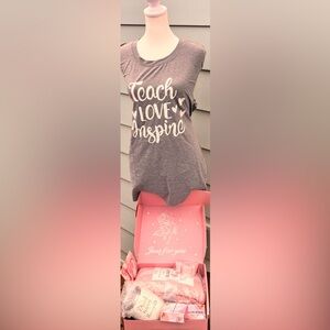 “Teach, Love, Inspire” XL Grey Graphic Tee w/ beautiful Pamper Me Pink Gift Set